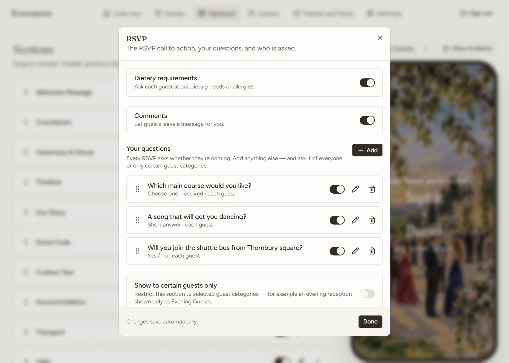 The RSVP editor with dietary and comments switched on, and custom questions about the main course, a song request and the shuttle bus.