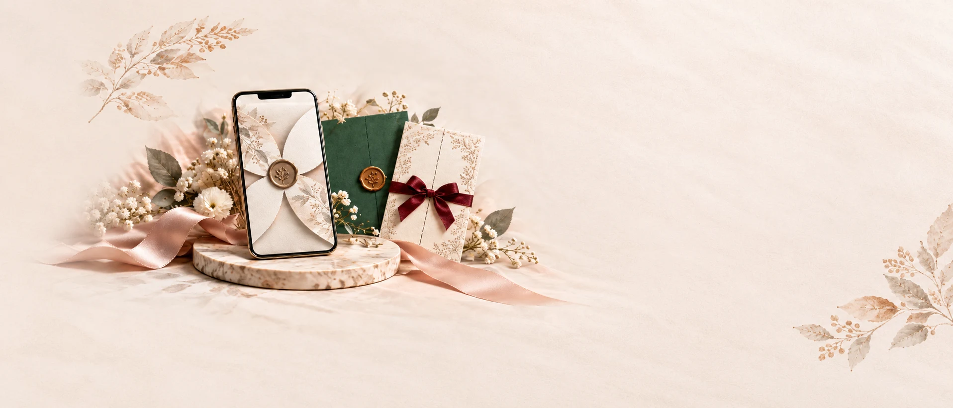 A phone showing a wax-sealed invitation opening beside printed invitations tied with ribbon